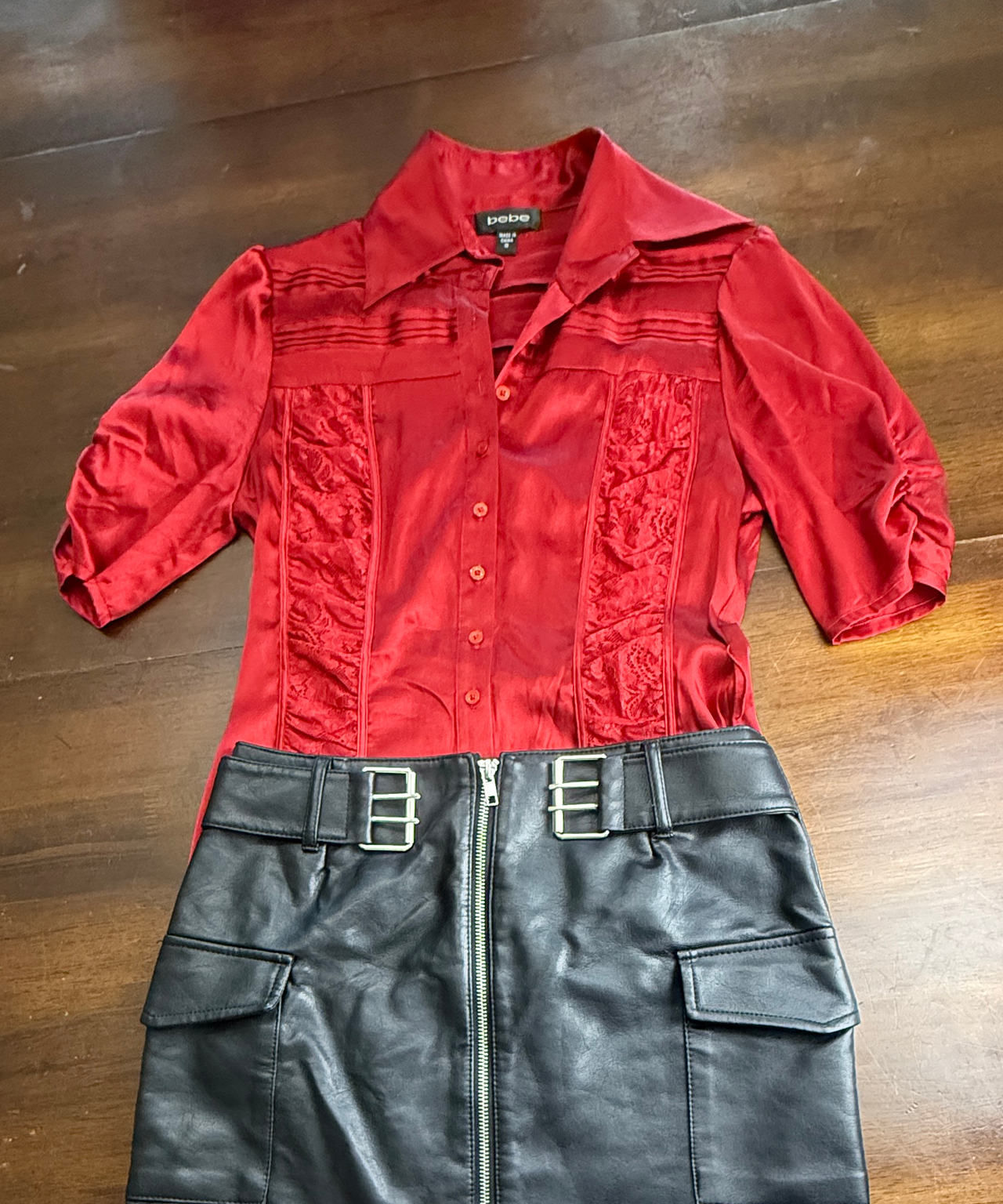 bebe Red Silk Button Down Blouse & Blashe Pleather Mini Skirt Set