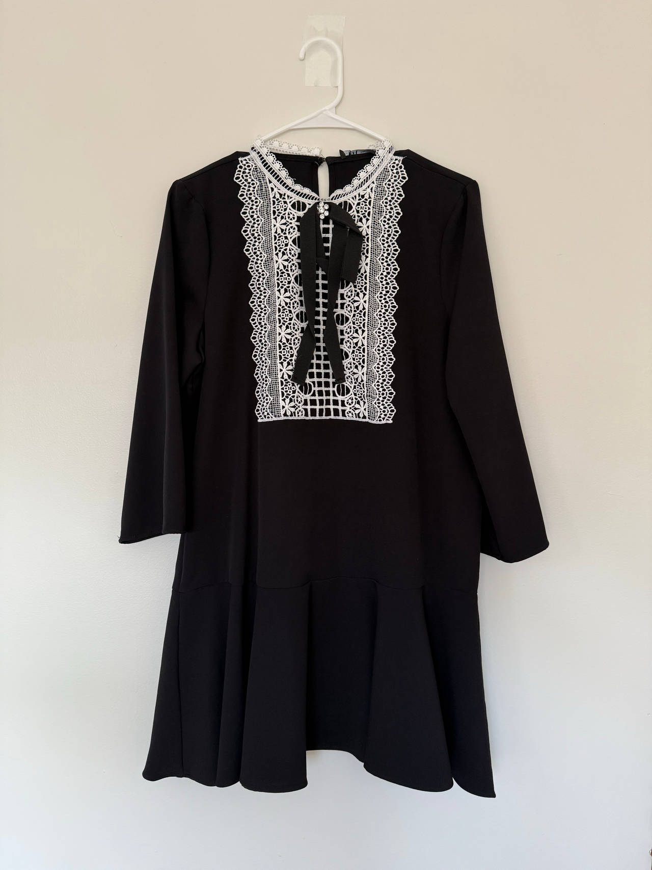 Black Long Sleeve Dress with White Lace Collar