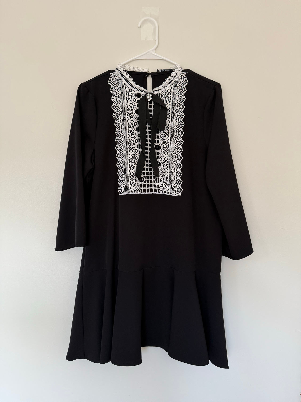 Black Long Sleeve Dress with White Lace Collar