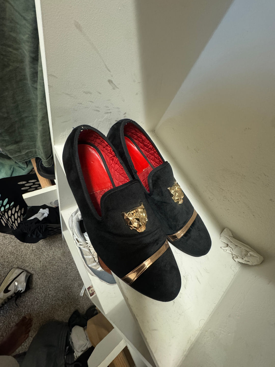 Men's Black Velvet Loafers with Gold Lion Head Detail