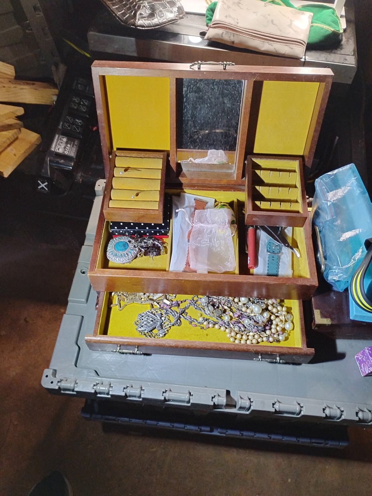 Vintage Wooden Jewelry Box with Mirror and Drawers