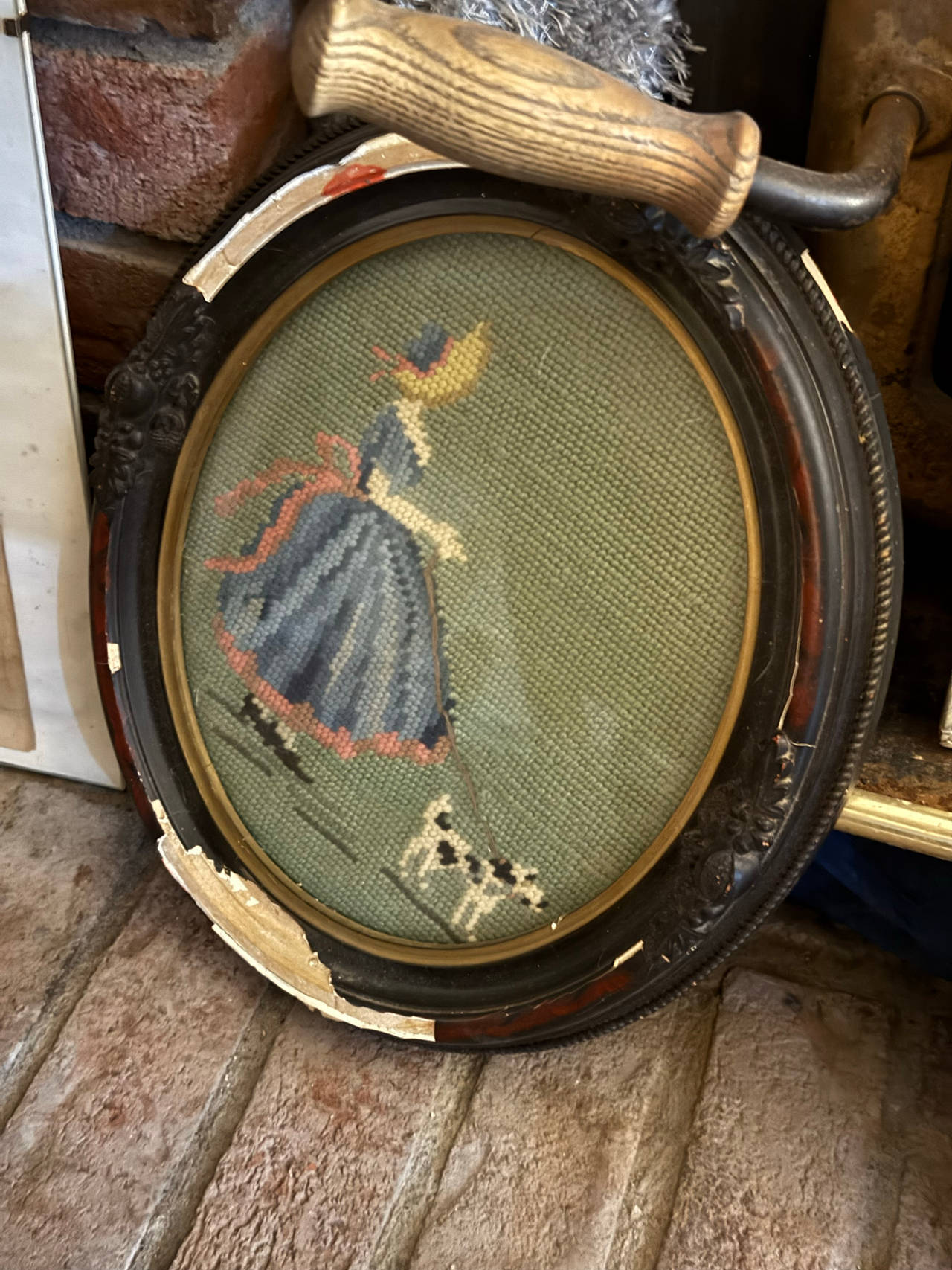 Vintage Framed Needlepoint Lady Walking Dog