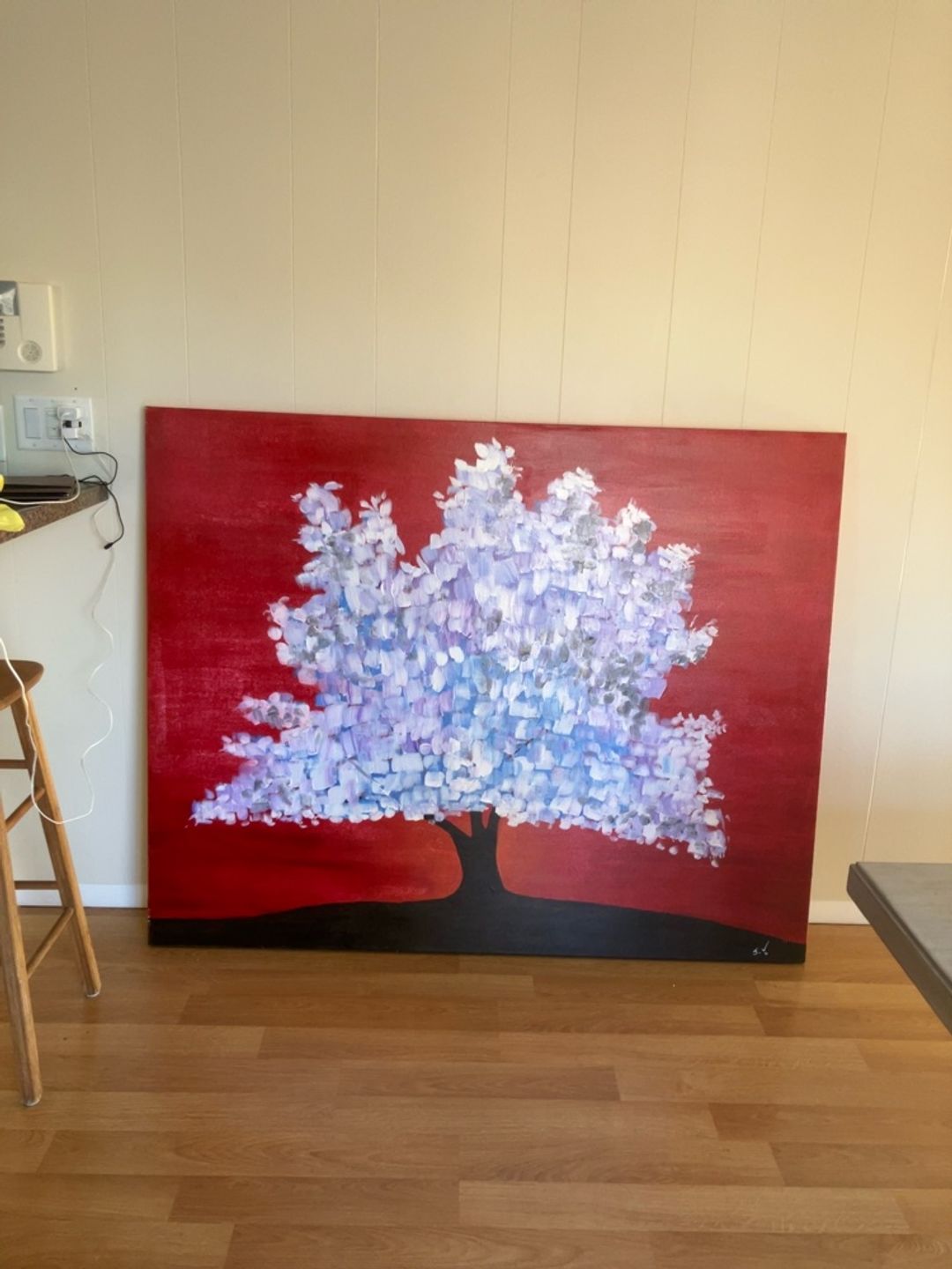 Large Original Acrylic Painting: White Tree Under Red Sky