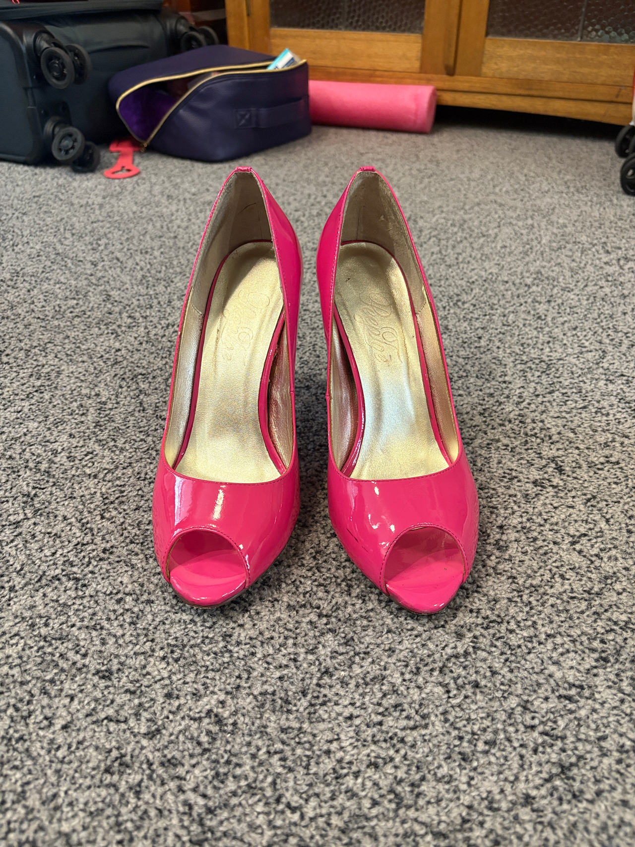 Pink Patent Peep Toe High Heels