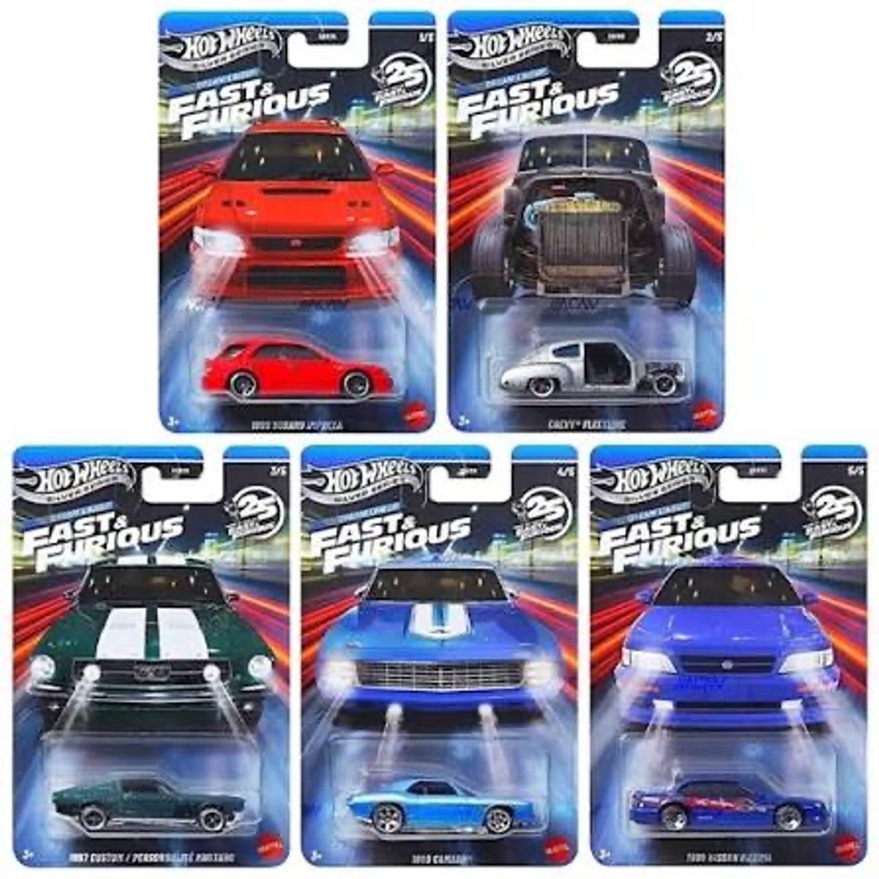 Hot Wheels Fast & Furious Silver Series 25th Anniversary 5-Car Set