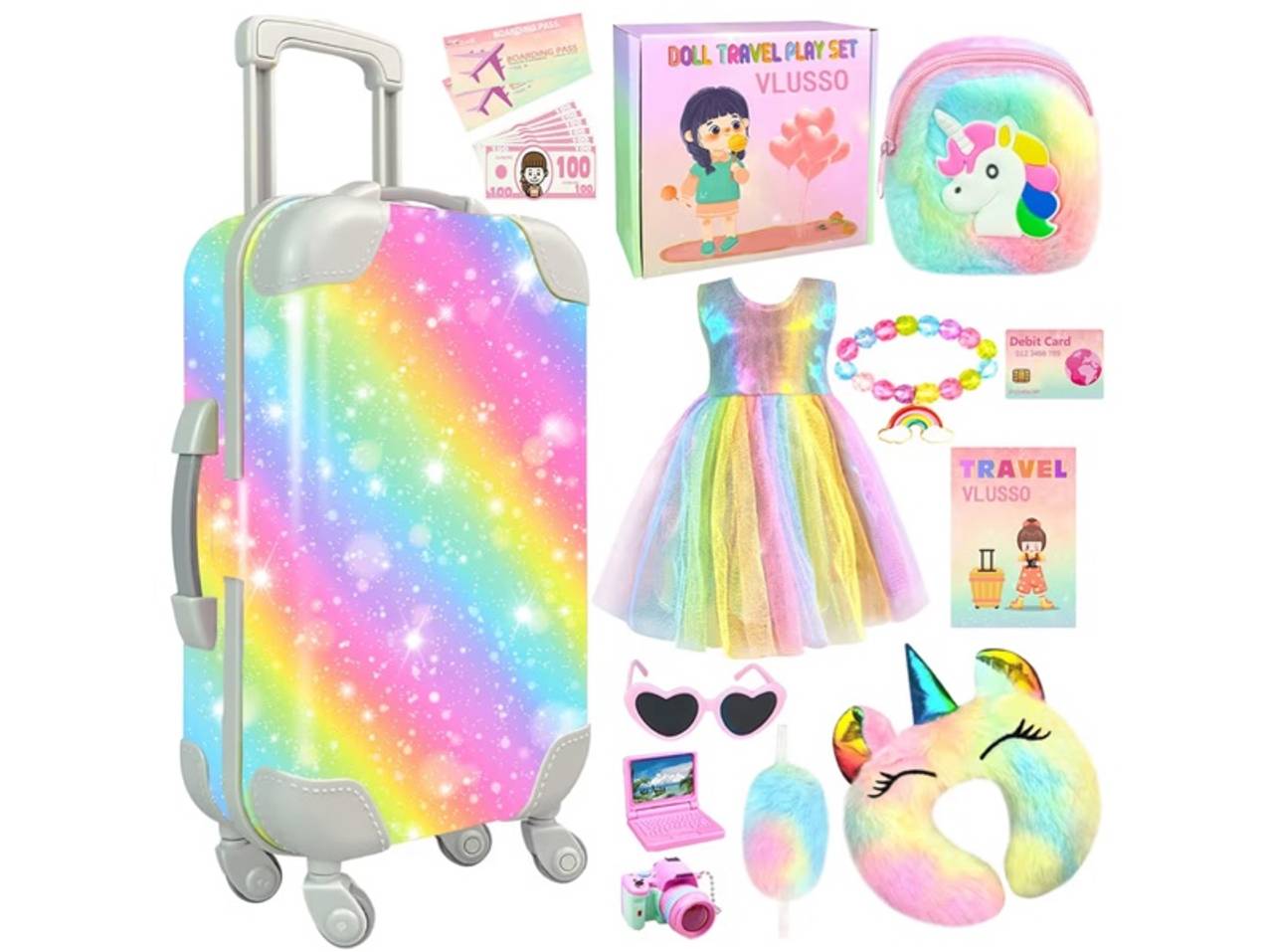 Girl Doll Accessories Case Luggage Travel Play Set with Clothes Camera Travel
