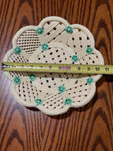 Vintage Ceramic Lattice Basketweave Bowl with Green Flowers - Image 1