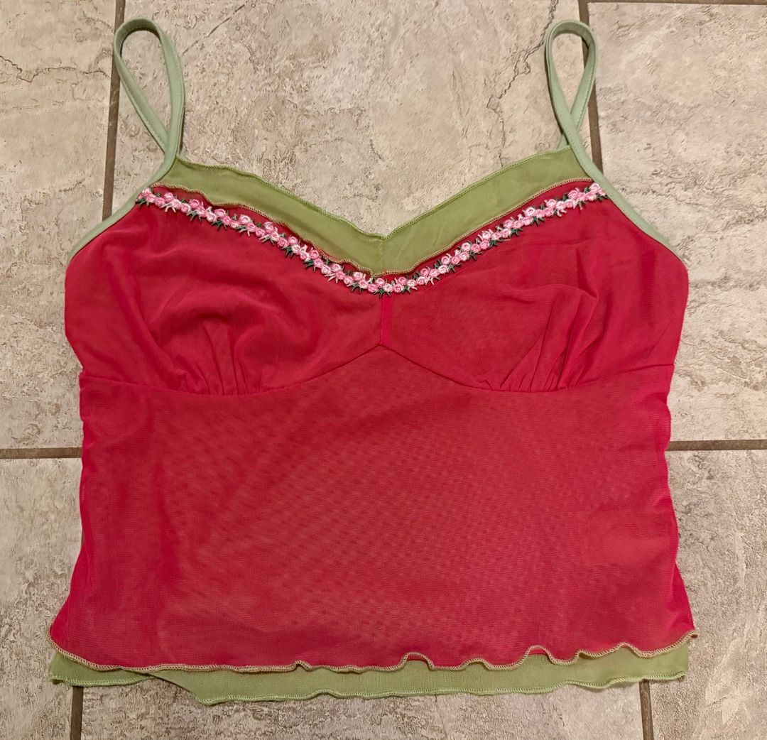 Y2K Mesh Rose Embroidered Cami Top size M.