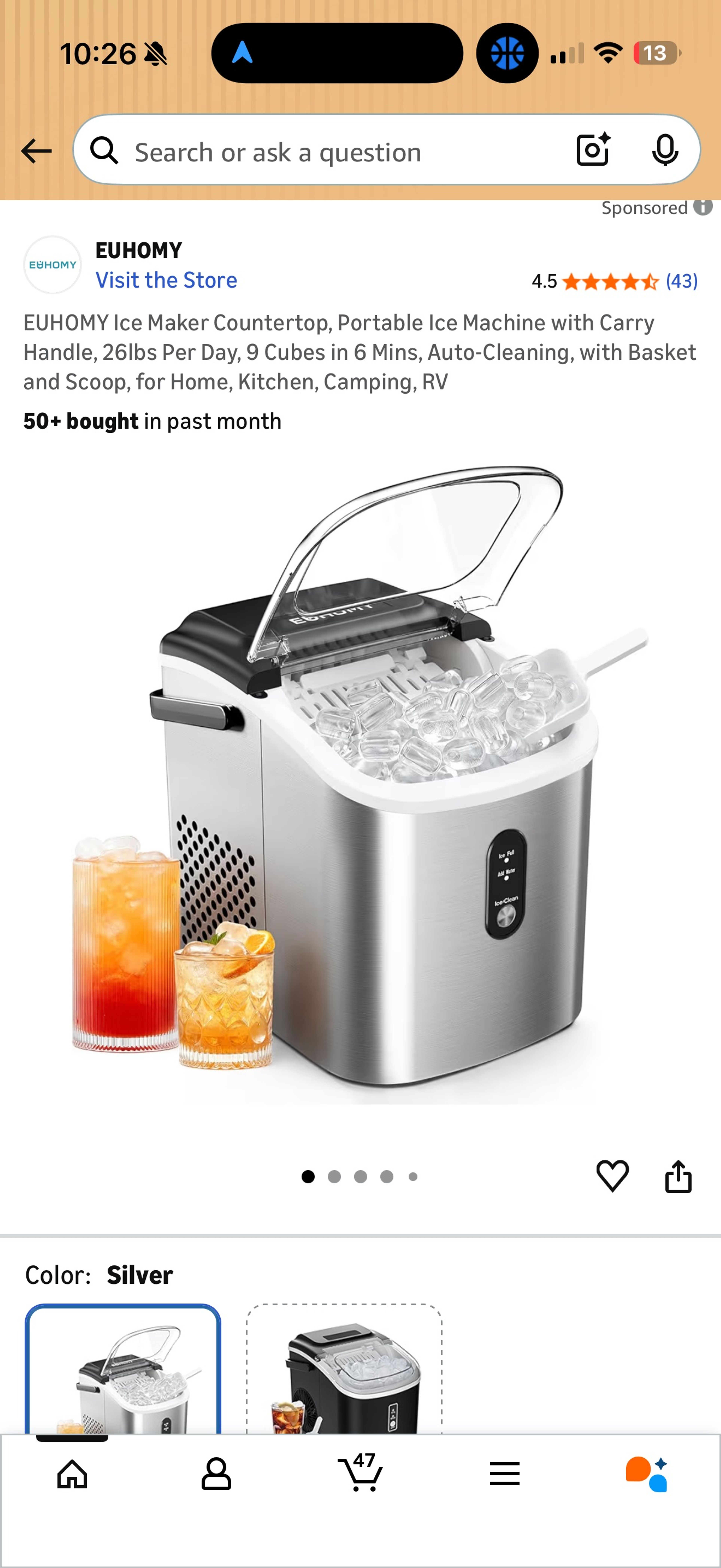 EUHOMY Countertop Ice Maker Silver