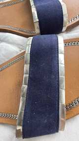 Stuart Weitzman Navy Suede Ankle Strap Sandals with Silver Trim - Image 2