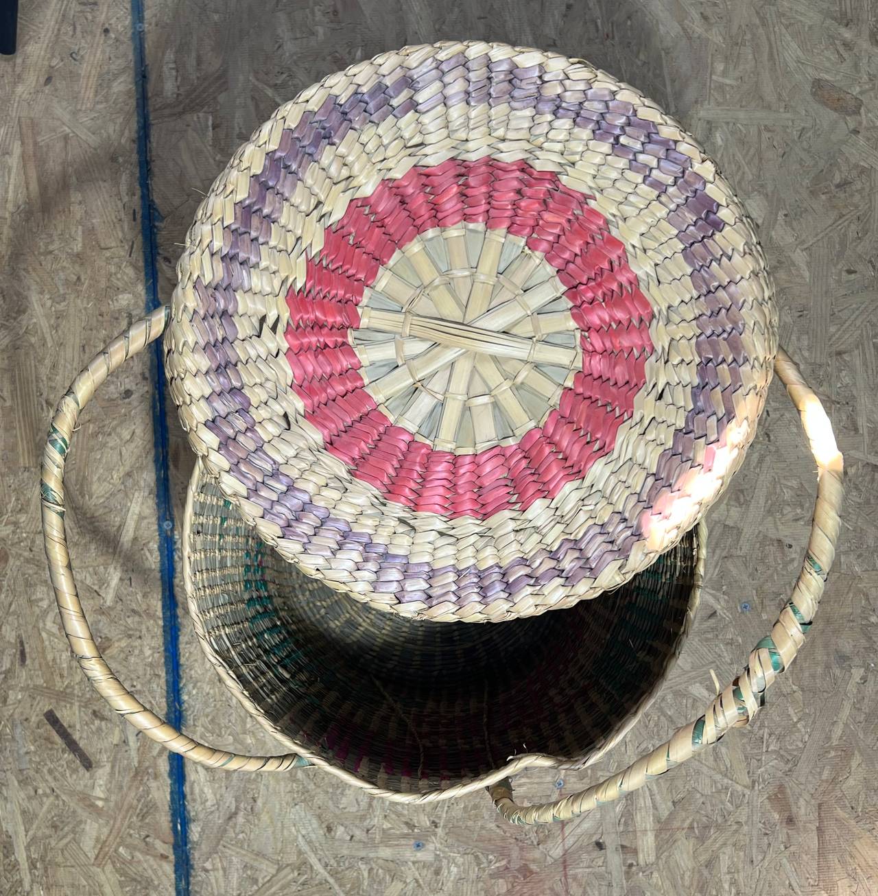 Vintage Handwoven Lidded Basket w Handles Natural Fiber Pink Green Storage Hampr