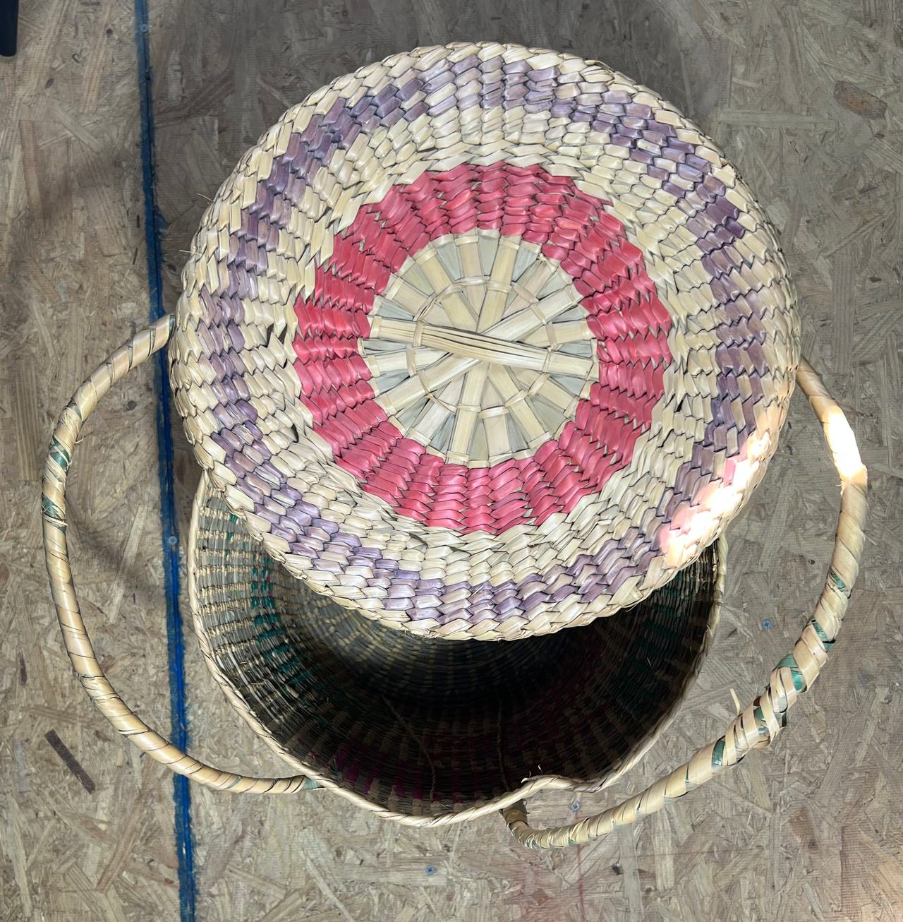 Vintage Handwoven Lidded Basket w Handles Natural Fiber Pink Green Storage Hampr