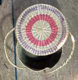 Vintage Handwoven Lidded Basket w Handles Natural Fiber Pink Green Storage Hampr - Image 1
