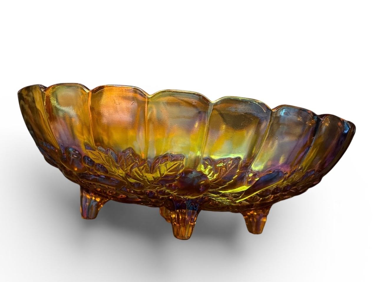 Northwood Marigold Carnival Glass Grape Cable Footed Bowl
