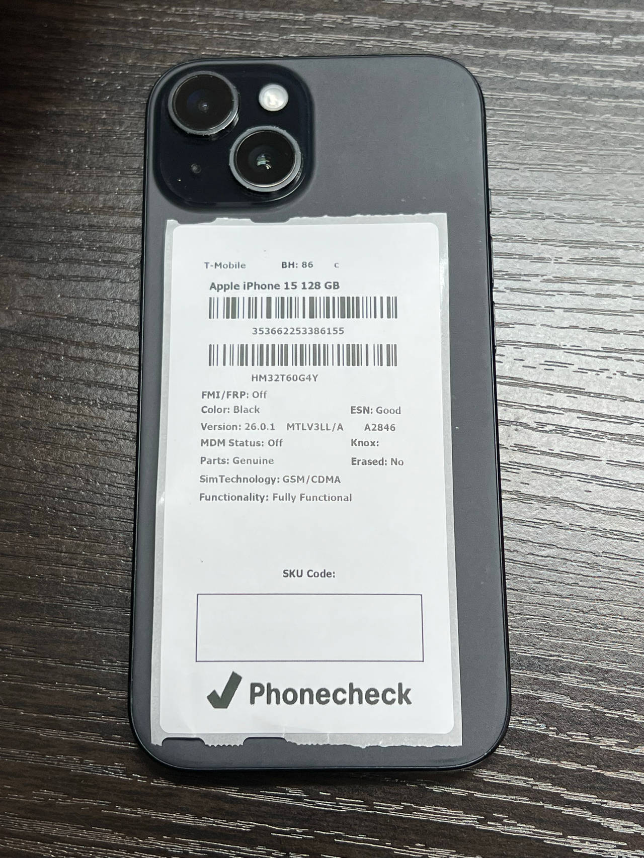Apple iPhone 15 128GB Black (T-Mobile) 86% battery health