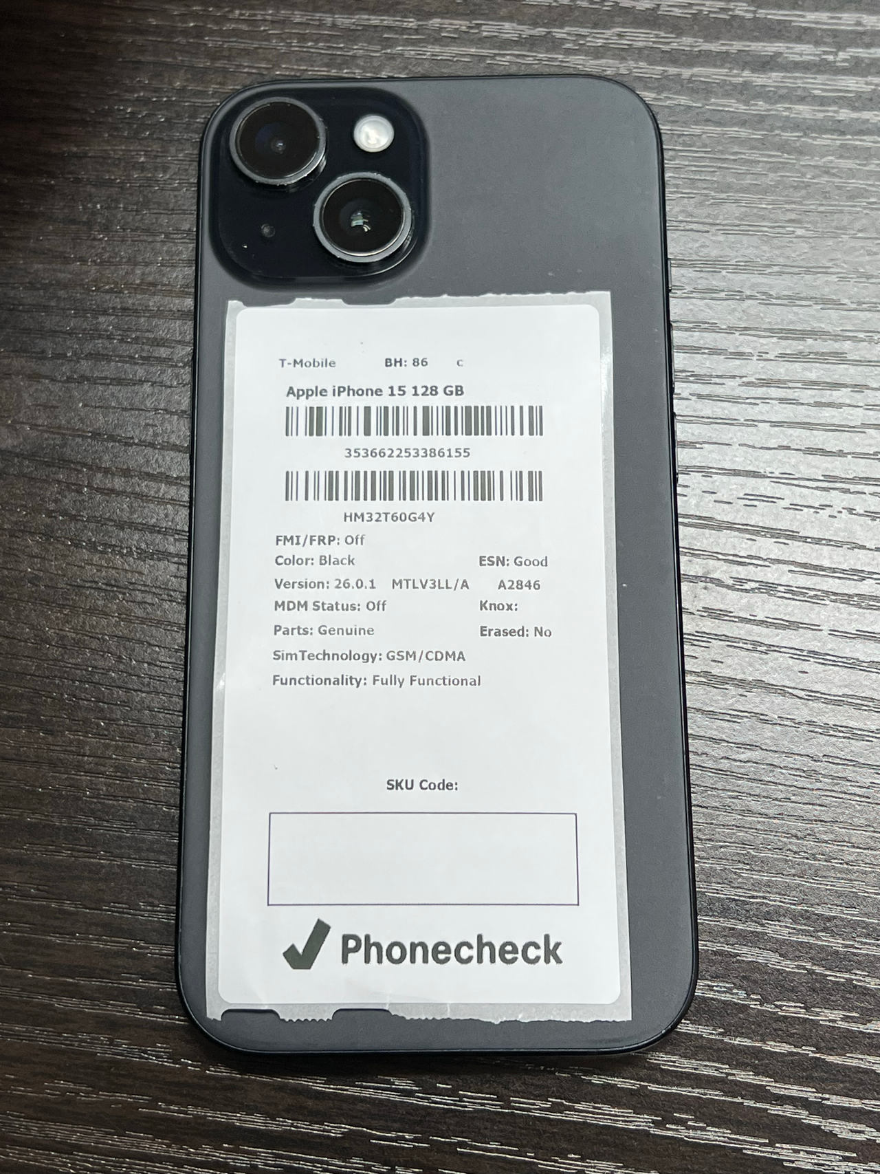 Apple iPhone 15 128GB Black (T-Mobile) 86% battery health