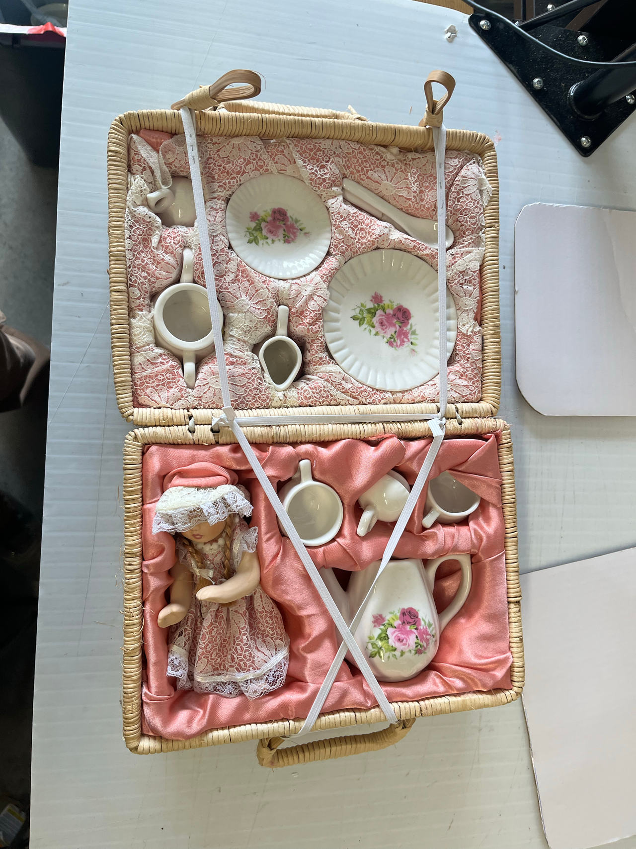 Vintage Style Porcelain Tea Set in Wicker Basket with Doll