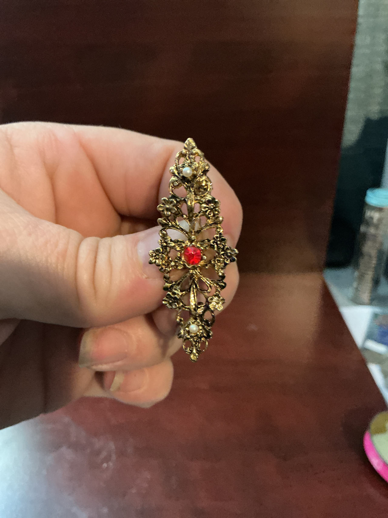 Vintage Gold-Tone Filigree Brooch with Red Rhinestone and Faux Pearls