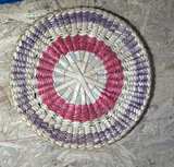 Vintage Handwoven Lidded Basket w Handles Natural Fiber Pink Green Storage Hampr - Image 7