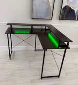 Modern L-Shaped Computer Desk Monitor Shelf LED Lights Built-In Power Outlet - Image 2