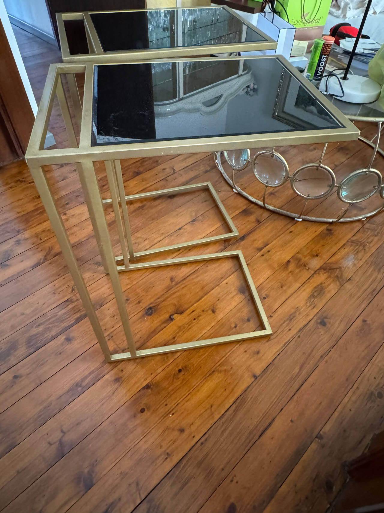 Gold C-Shape Side Table with Black Glass Top (Set of 2)