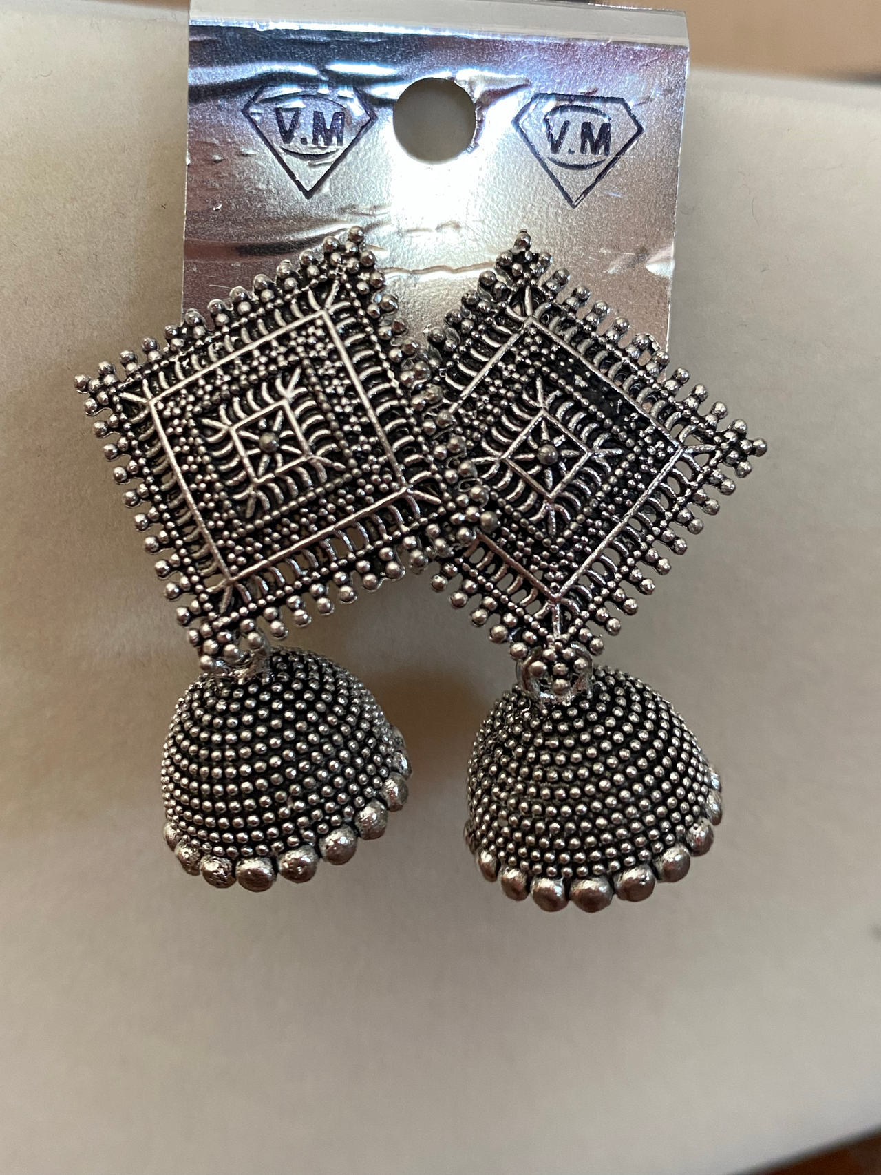 V.M. Oxidized Silver Square Jhumka Earrings