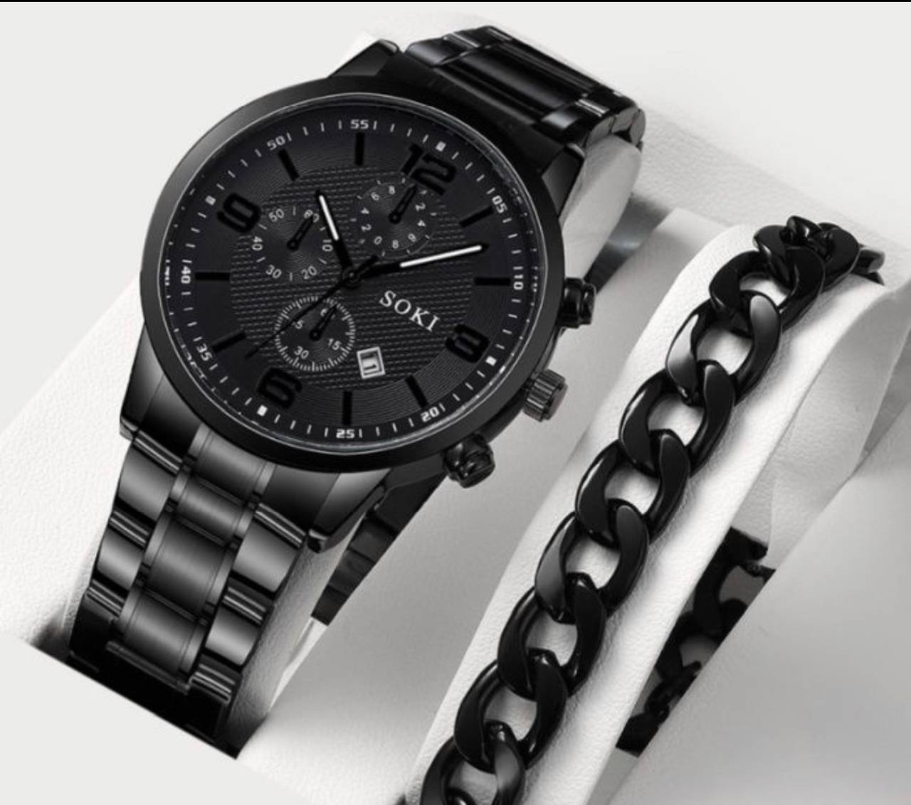 SOKI Men's Black Quartz Watch with Bracelet Set Inv# 3028