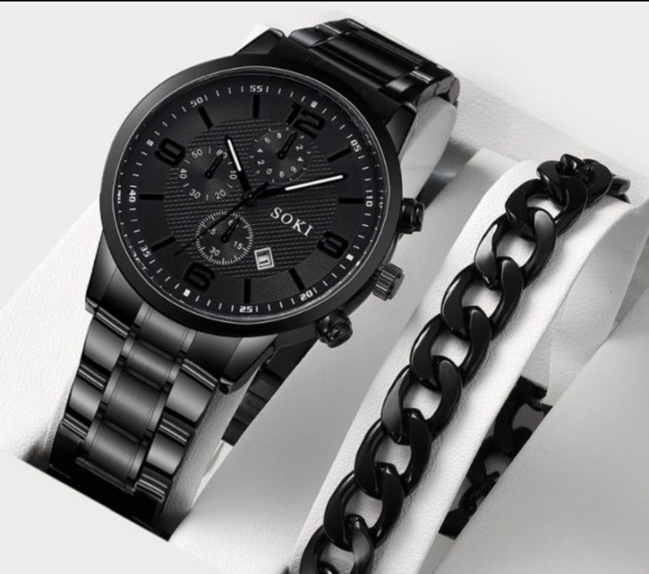 SOKI Men's Black Quartz Watch with Bracelet Set Inv# 3028
