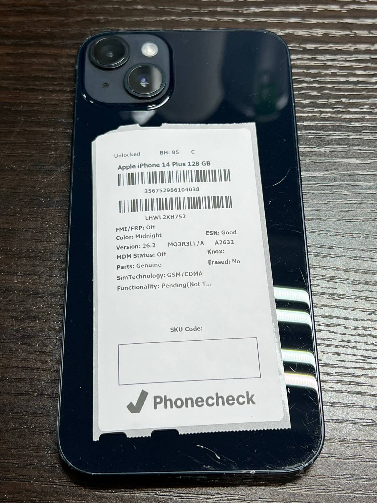 Apple iPhone 14 Plus 128GB Midnight Unlocked BH 85%