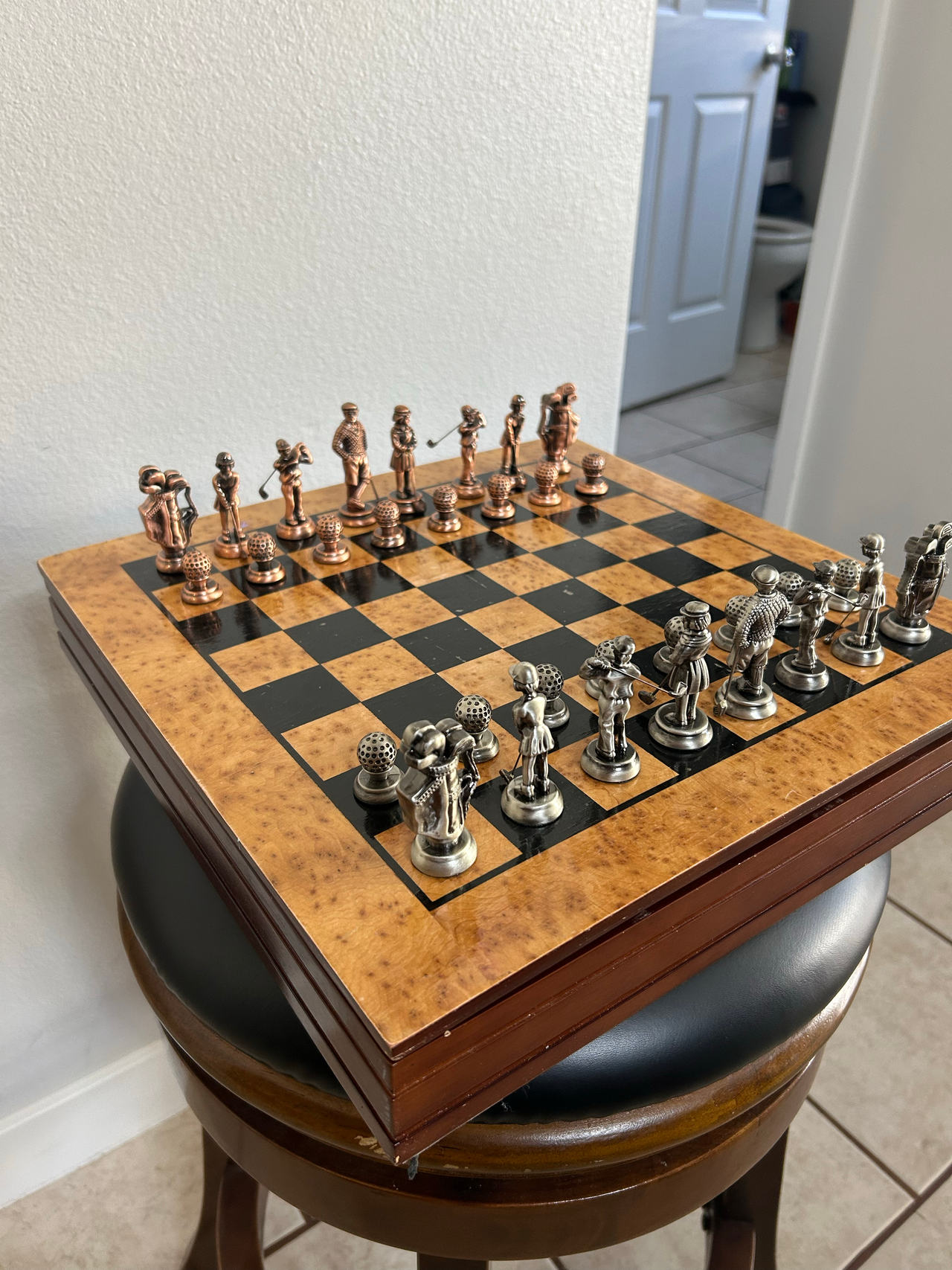 Golf Themed Metal Chess Set with Wooden Board
