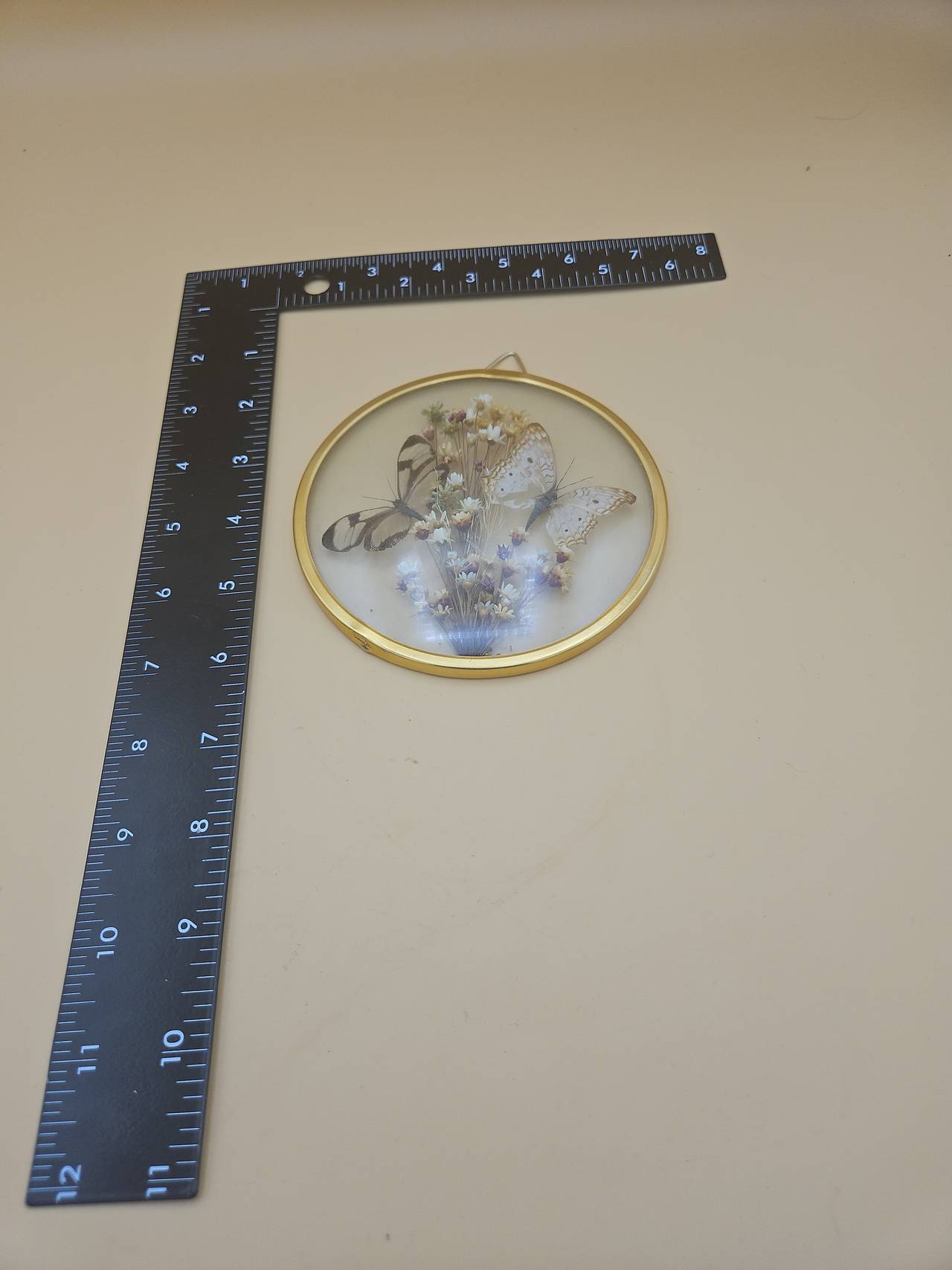 Vintage Pressed Flower and Butterfly Brass Frame Wall Hanging