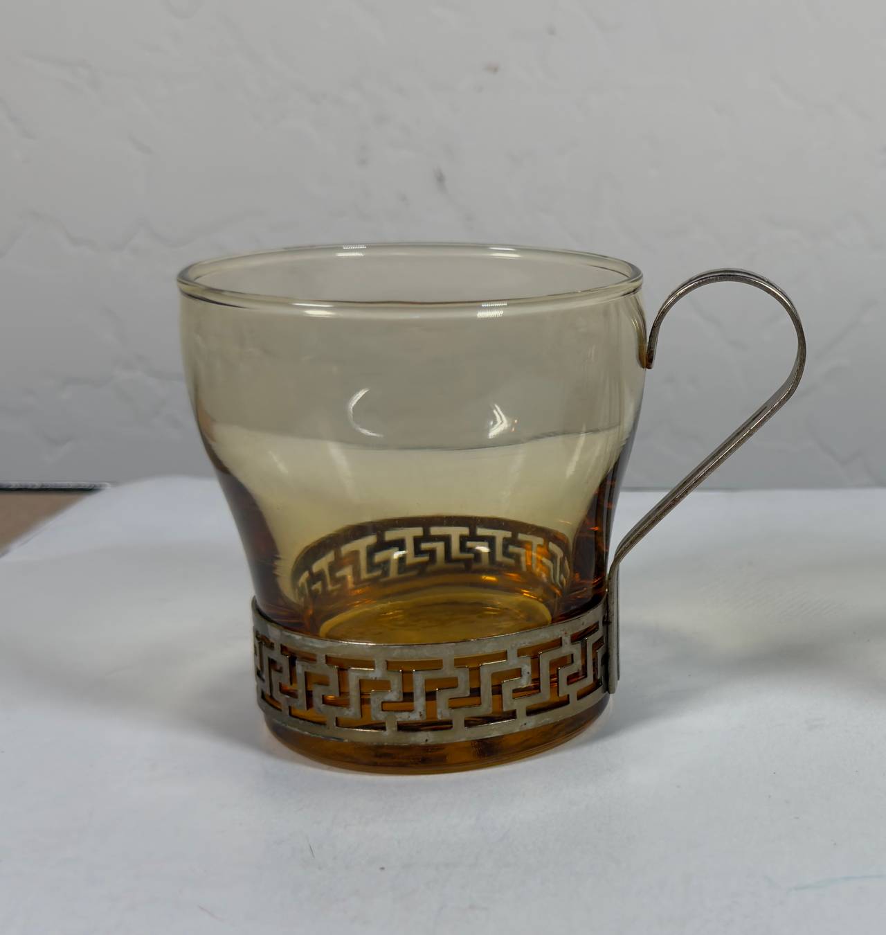 Vintage Amber Glass Cups with Greek Key Metal Holders