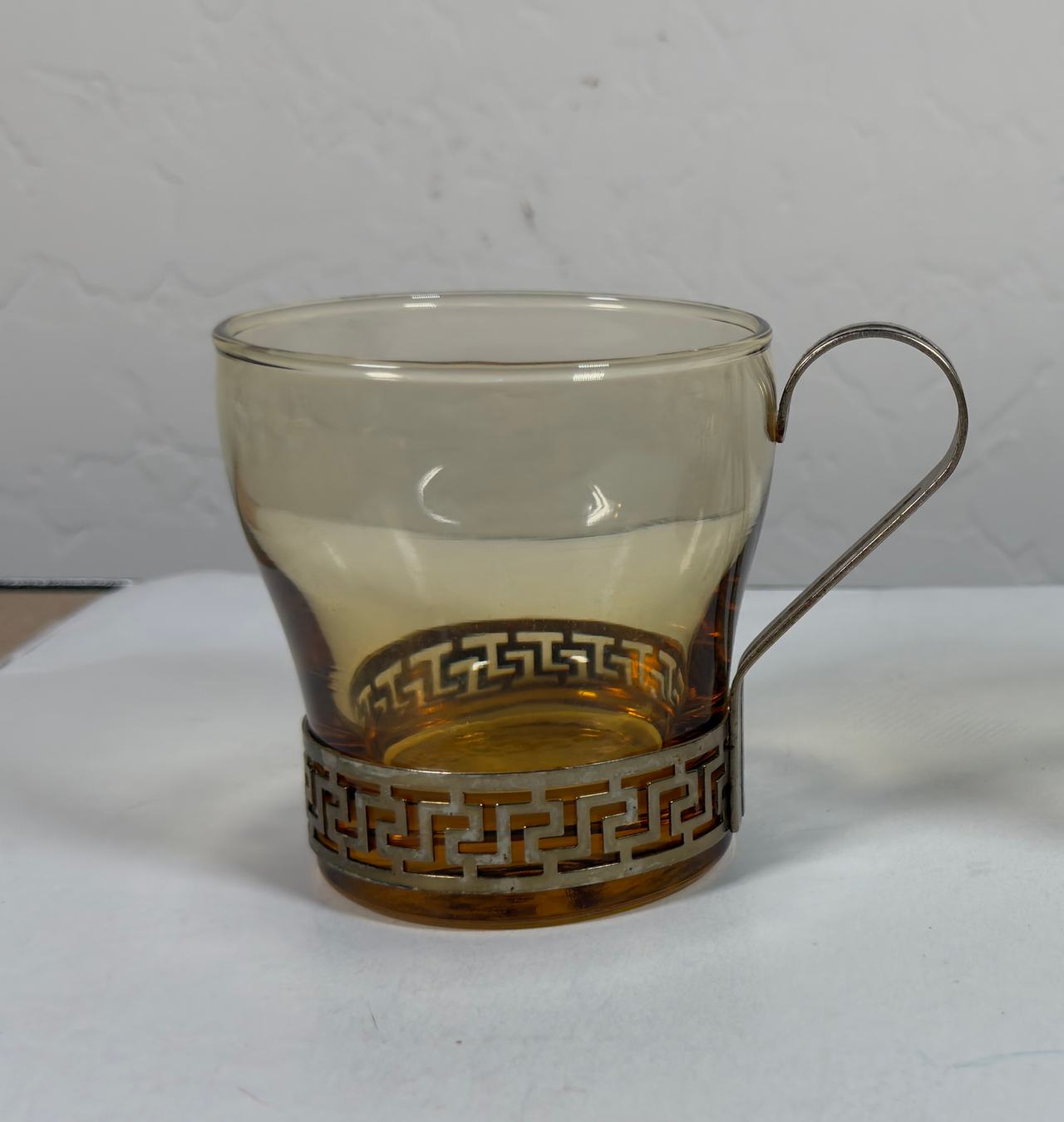 Vintage Amber Glass Cups with Greek Key Metal Holders