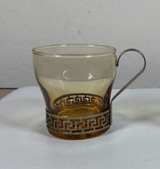 Vintage Amber Glass Cups with Greek Key Metal Holders - Image 1