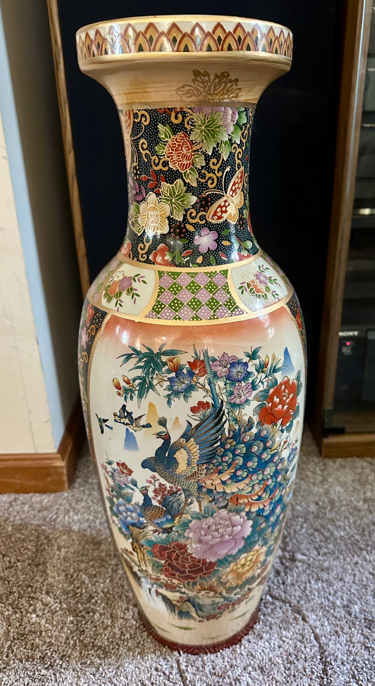 Large Japanese Satsuma Style Peacock Floor Vase