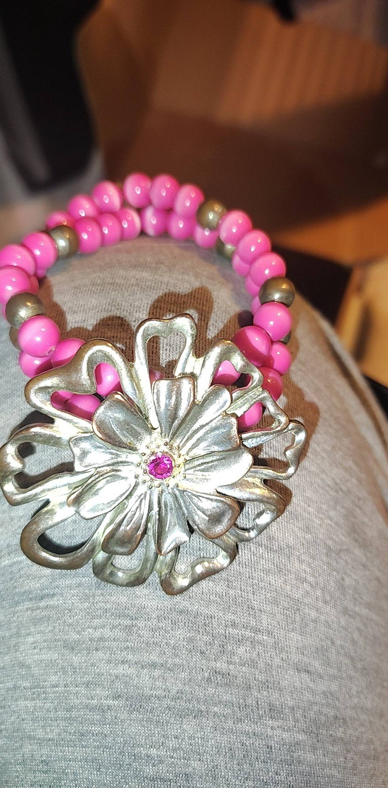 Pink Beaded Flower Stretch Bracelet