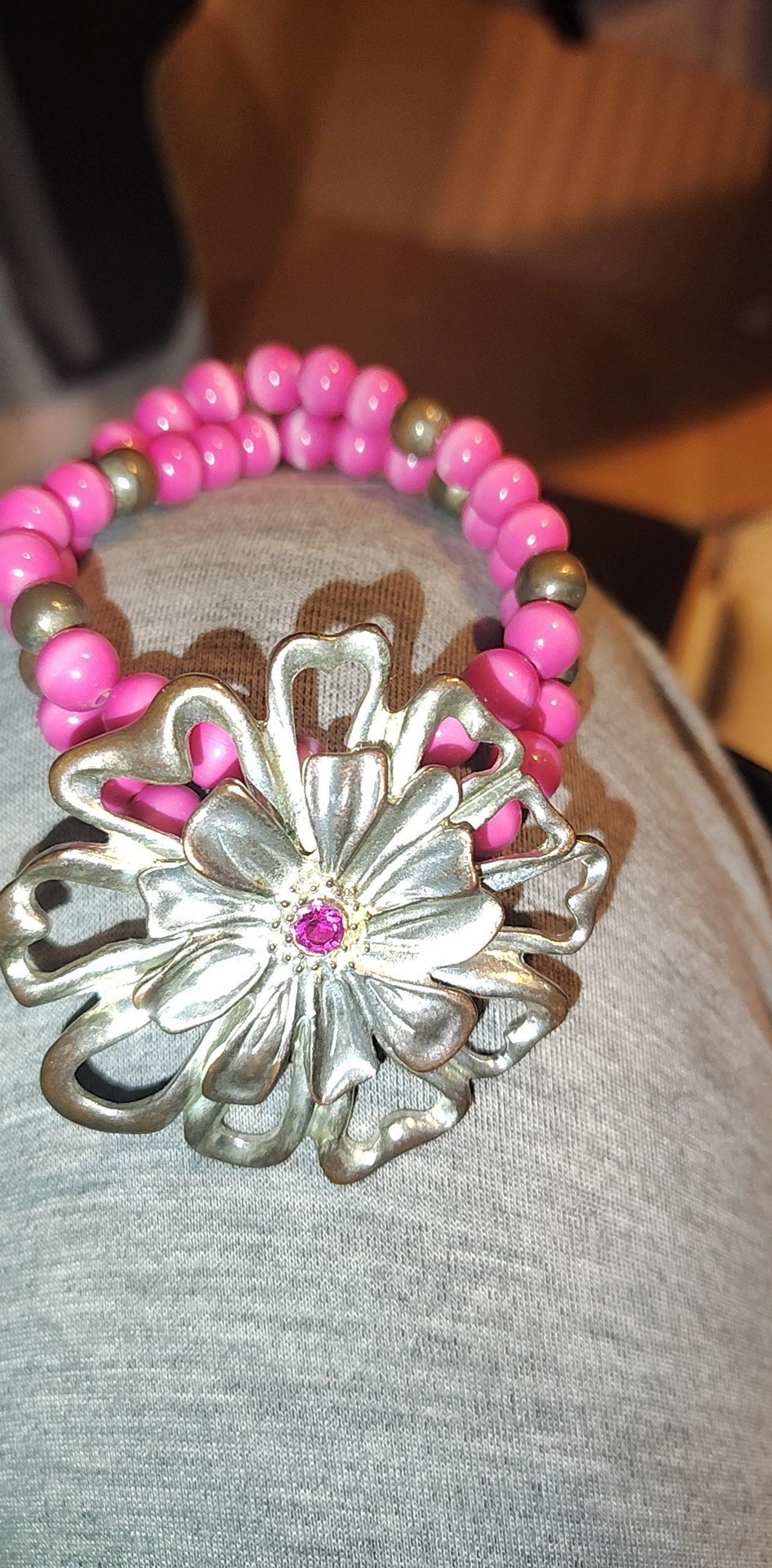 Pink Beaded Flower Stretch Bracelet