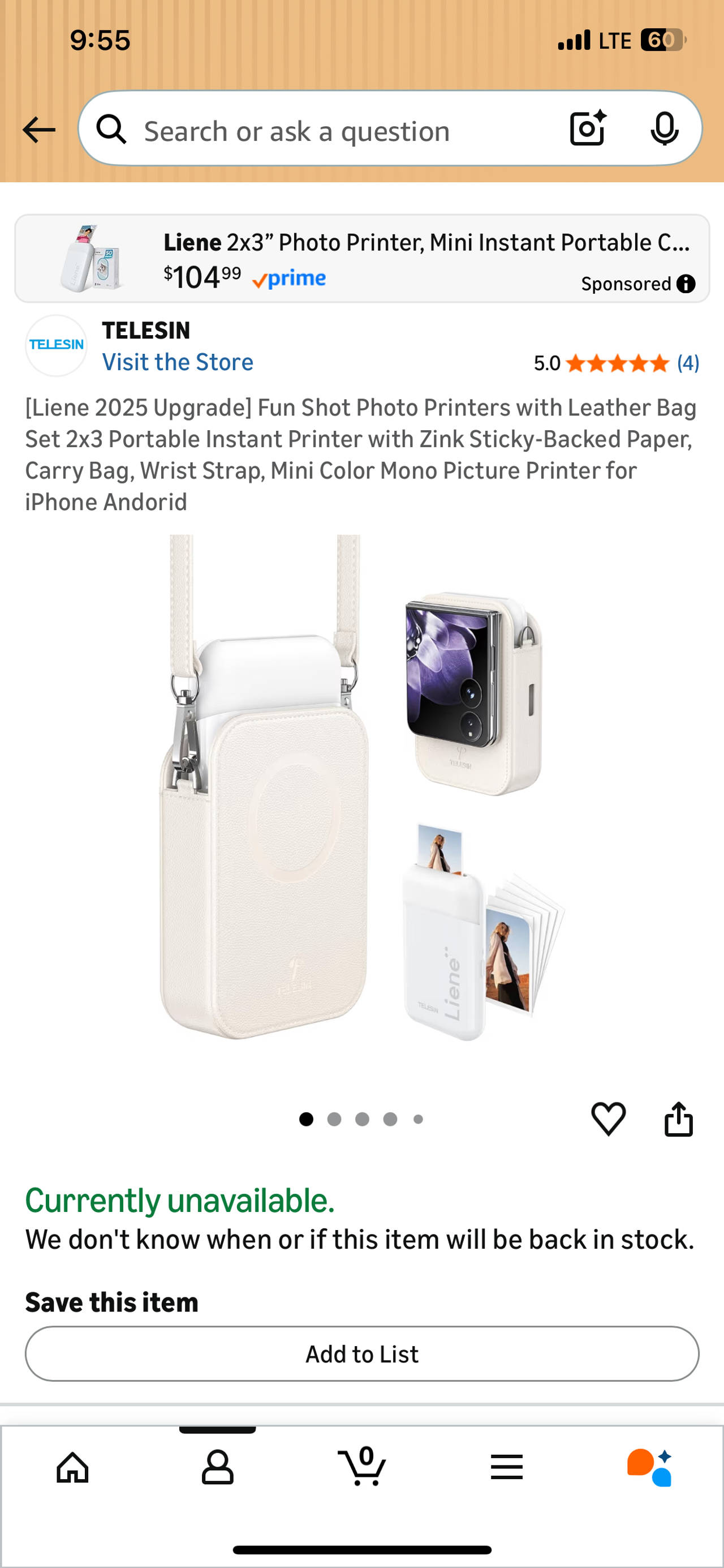 Liene 2x3 Portable Instant Photo Printer with Leather Bag Set