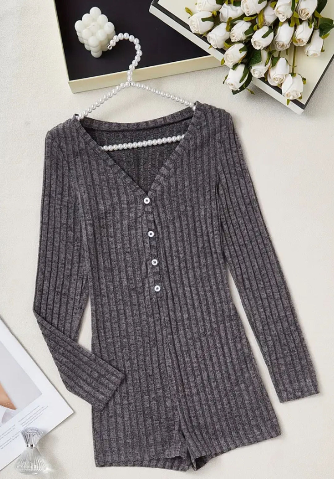 SHEIN Grey Ribbed Knit Button Front Romper