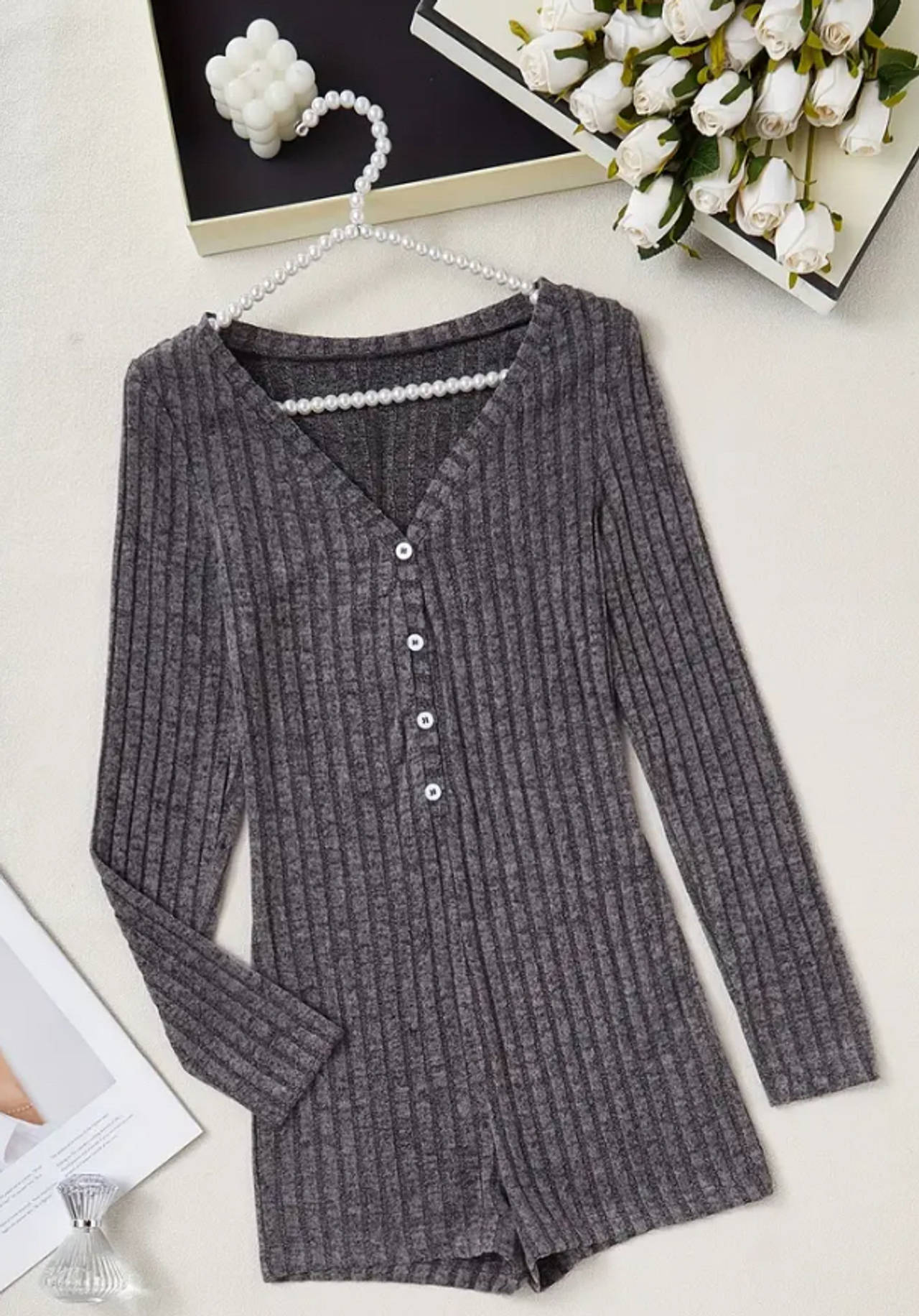 SHEIN Grey Ribbed Knit Button Front Romper