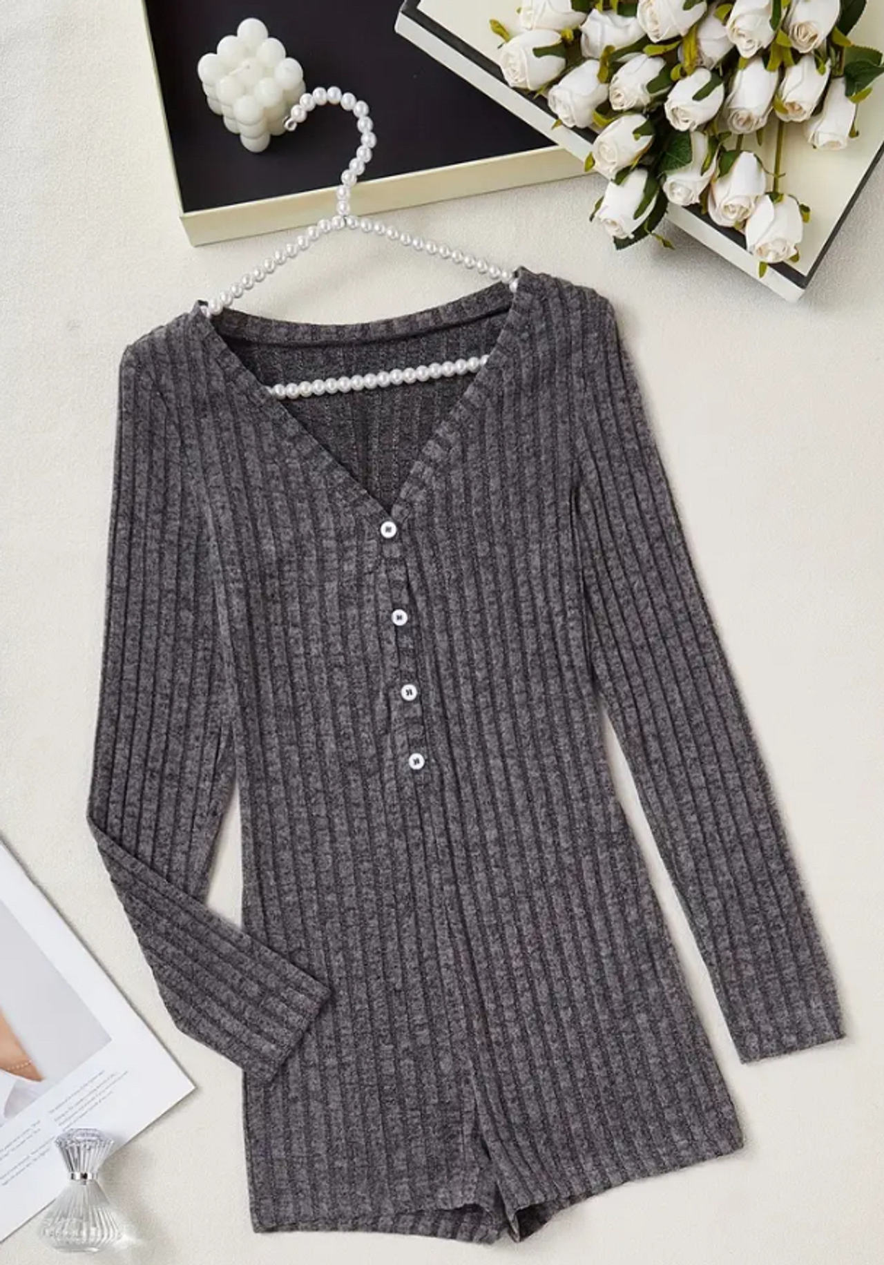 SHEIN Grey Ribbed Knit Button Front Romper