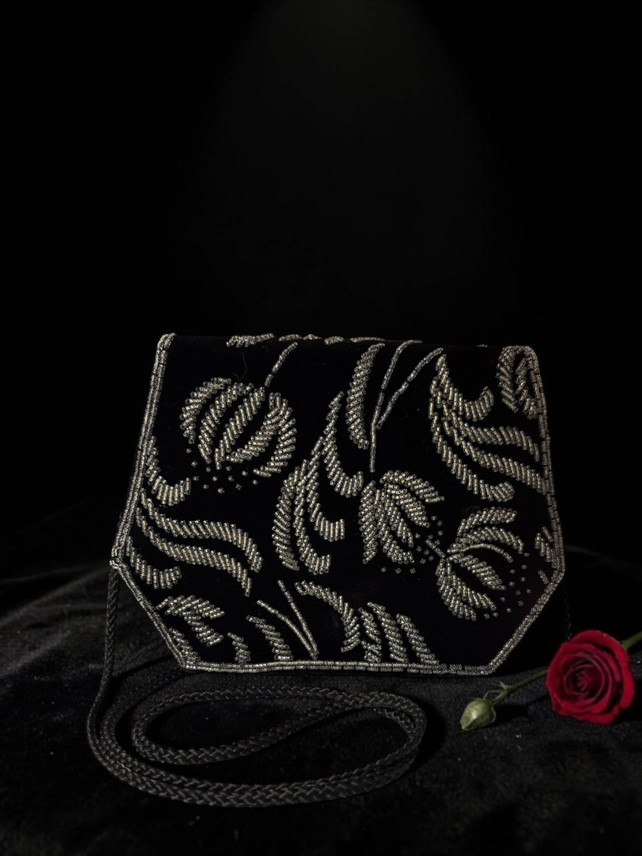 Vintage Elon Black Beaded Velvet Floral Bag