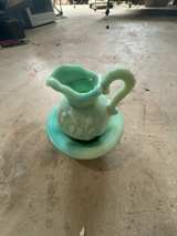 Avon Victorian Rose Jadeite Green Slag Glass Pitcher and Bowl Set - Image 1