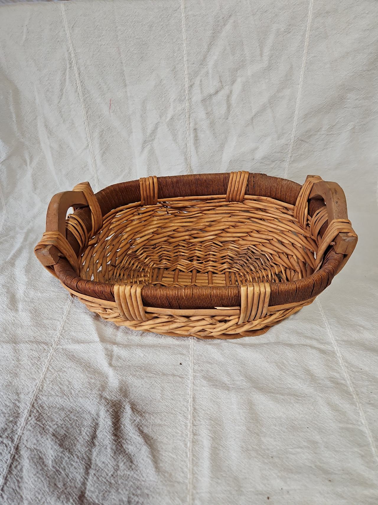 Vintage Oval Wicker Basket with Wooden Handles