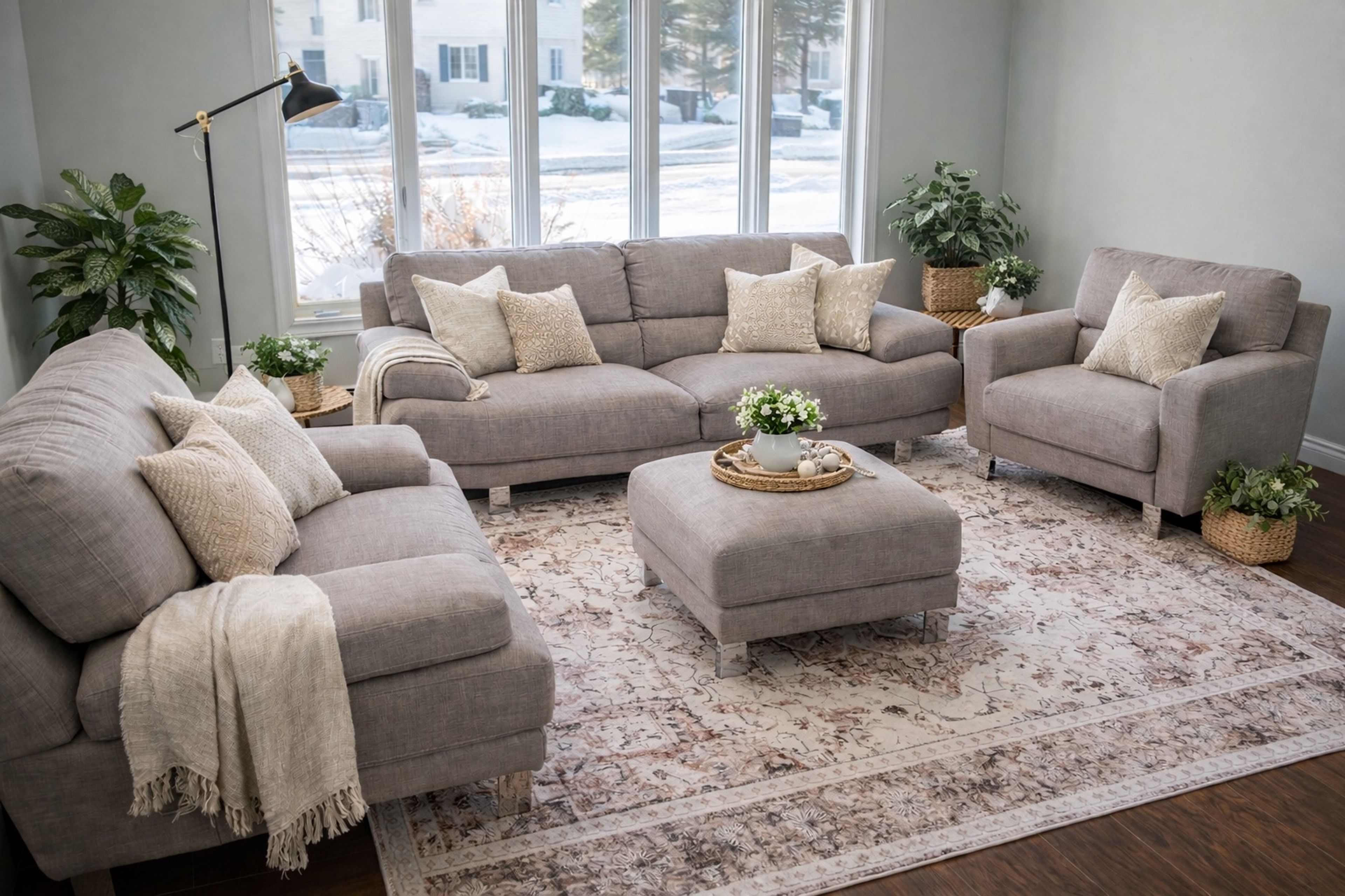 4-Piece Grey Fabric Living Room Set with Sofa, Loveseat, Chair, and Ottoman