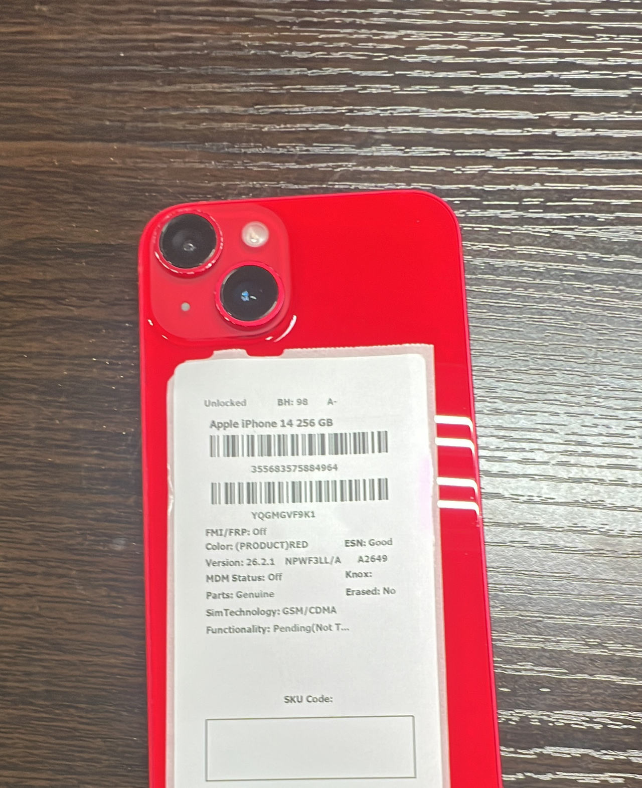 Apple iPhone 14 256GB (PRODUCT)RED unlocked BH 98 A-