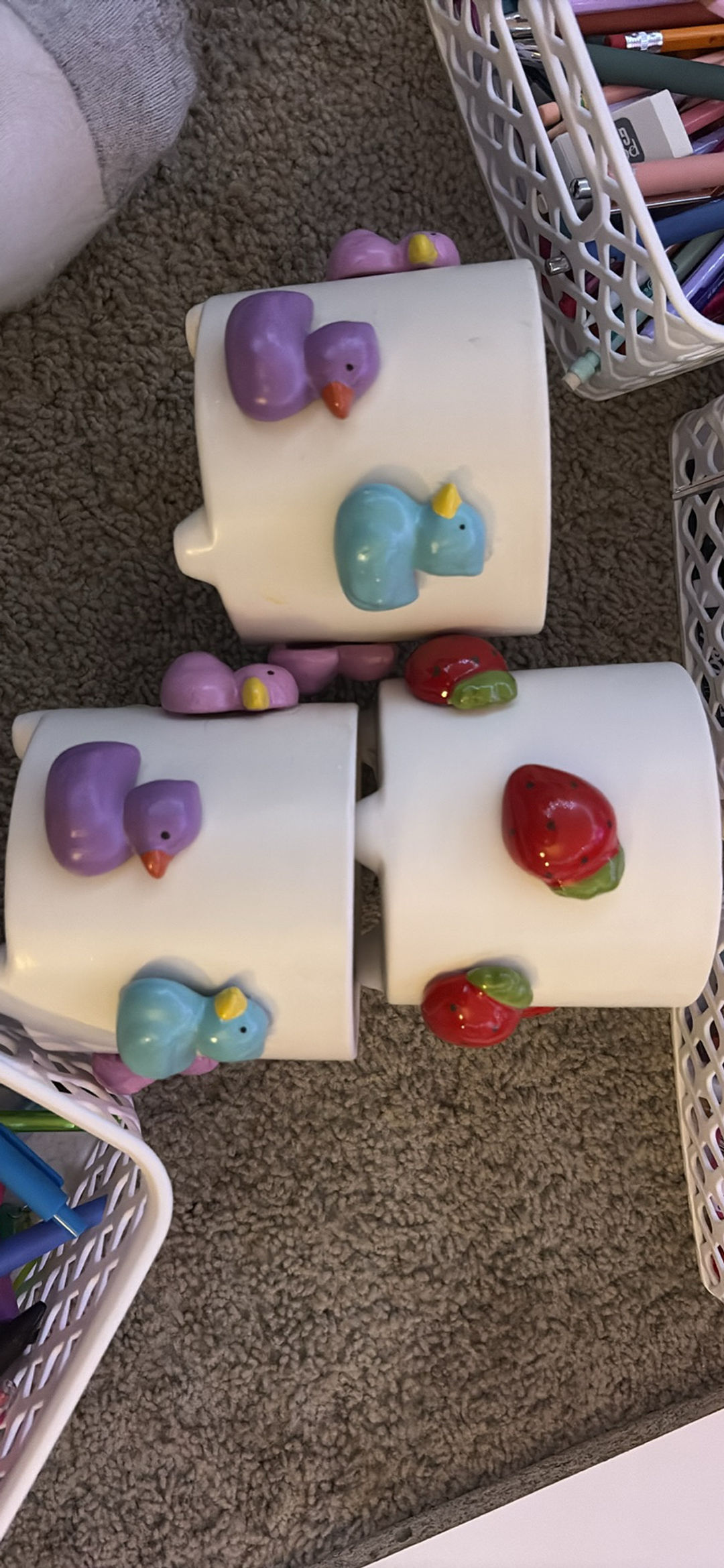 Vintage Ceramic Mugs with 3D Duck and Strawberry Designs