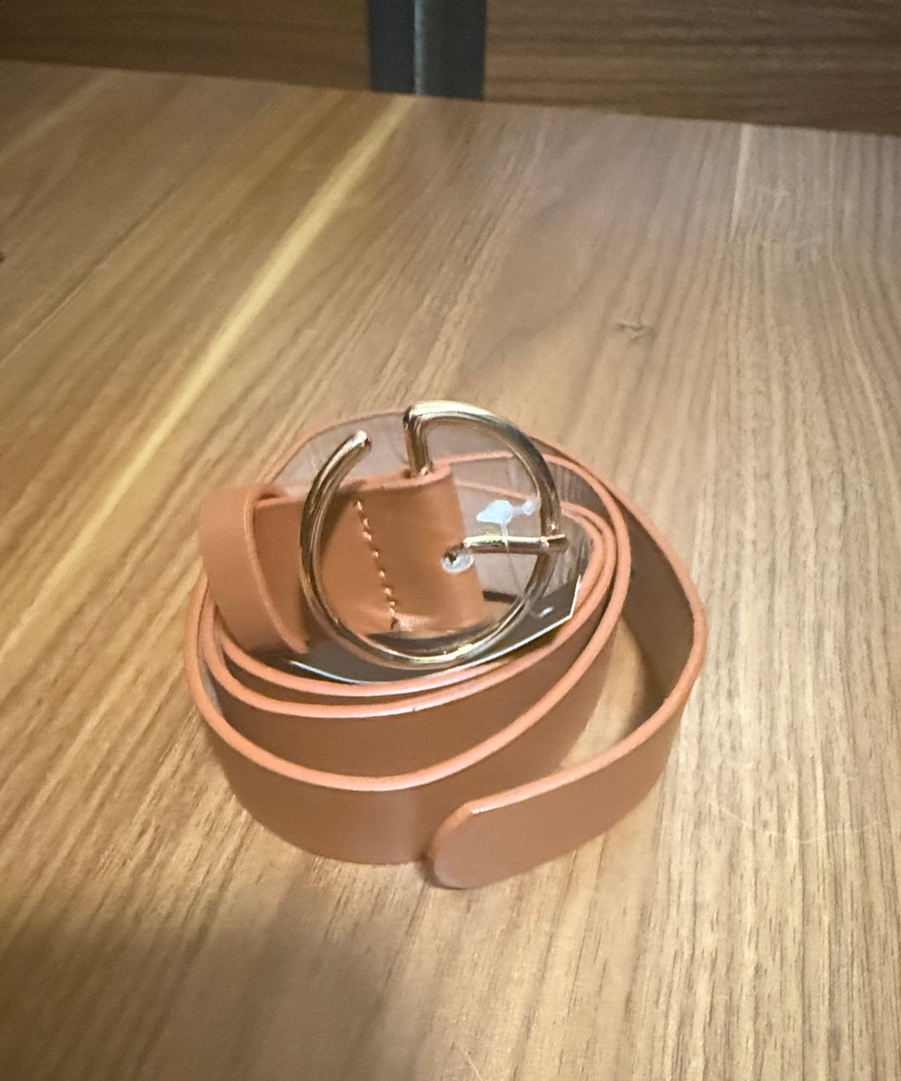 Tan Faux Leather Belt with Gold Round Buckle