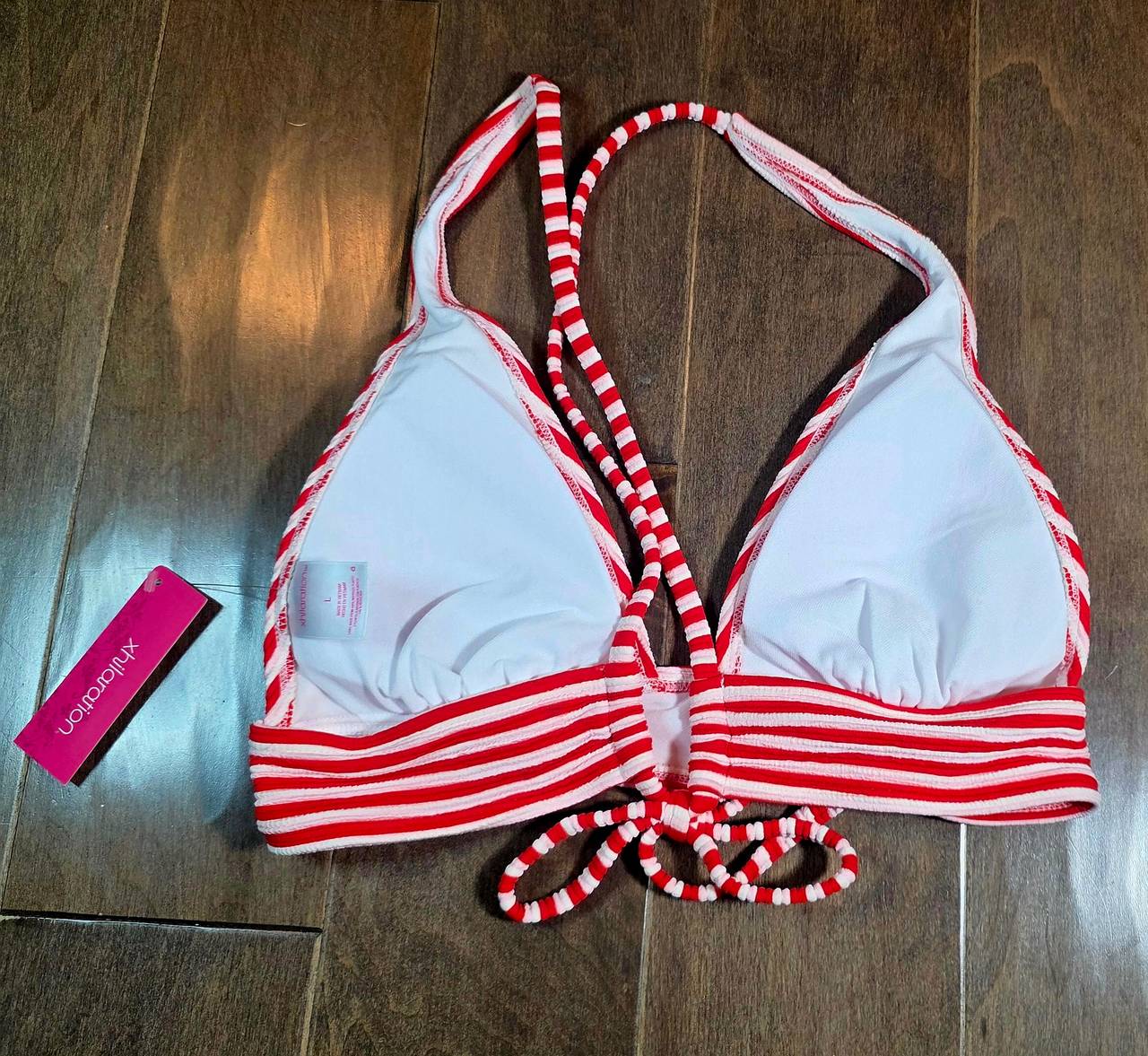 Red and White Striped Ribbed Bikini Top