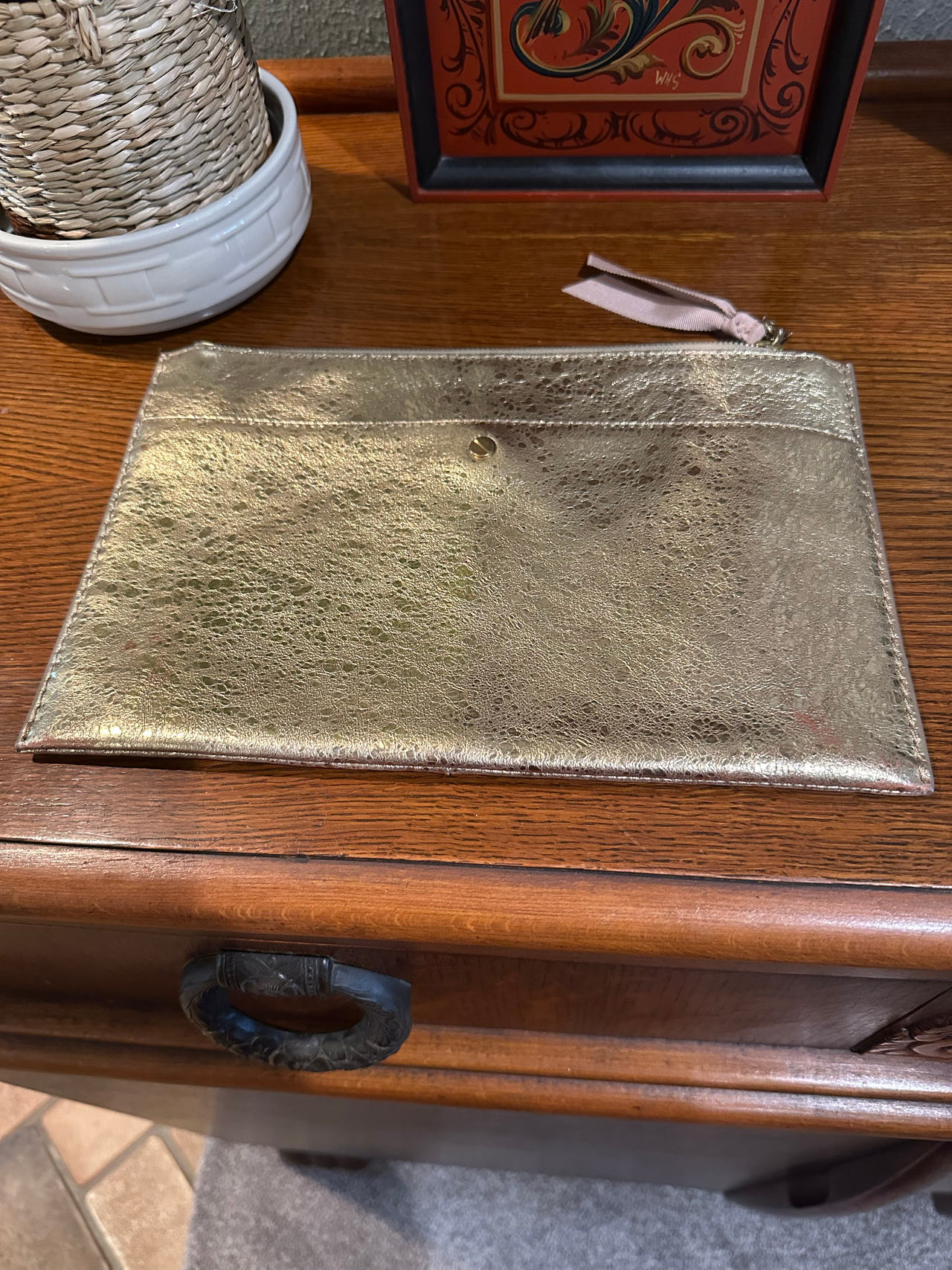 J.Crew Gold Metallic Crackle Leather Pouch Clutch